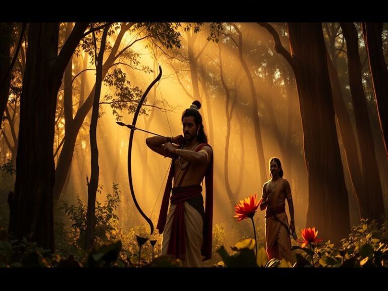 A split-screen image showing a traditional Ramayana painting on one side and a modern CGI scene from Adipurush on the other,