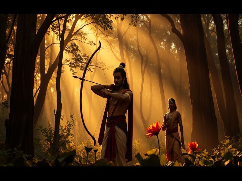 A split-screen image showing a traditional Ramayana painting on one side and a modern CGI scene from Adipurush on the other,