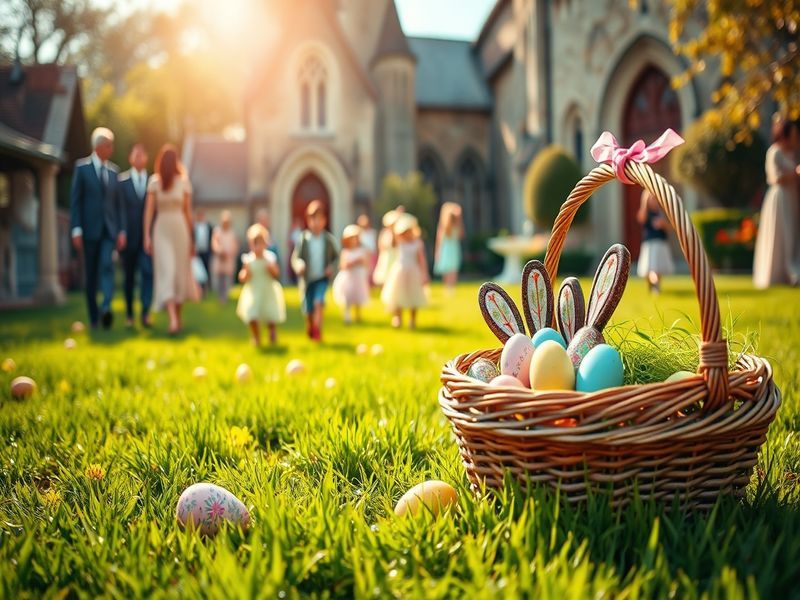 A vibrant collage of Easter celebrations worldwide: Greek midnight church services, Polish Święconka baskets, Swedish Easter