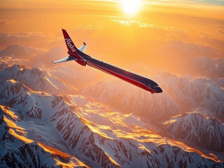 A modern Alaska Airlines aircraft taking off against a backdrop of snow-capped mountains, symbolizing the airline's regional