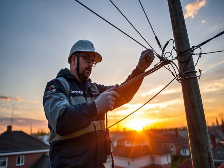 A split-screen image showing a modern suburban home with a Comcast Xfinity van parked outside on a sunny day, with a smartpho