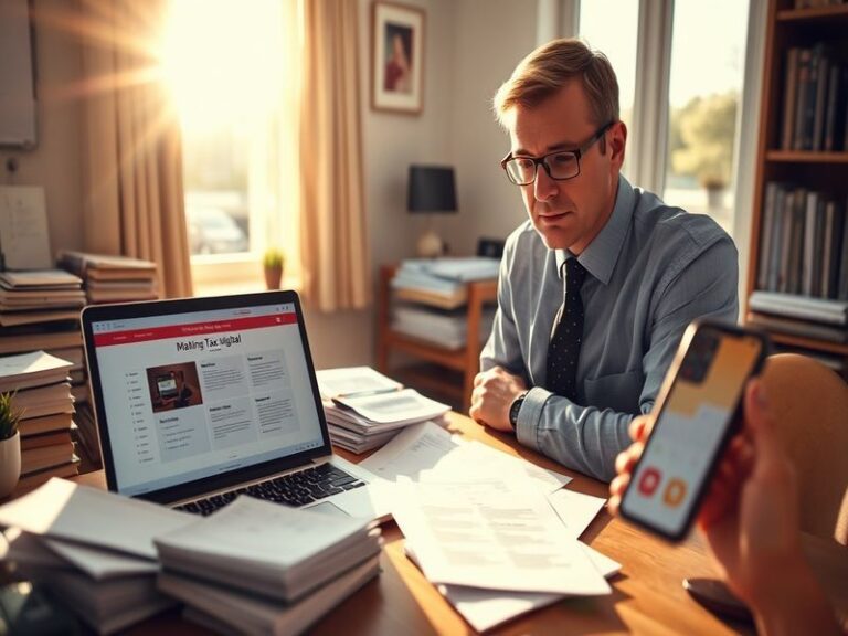A futuristic office scene with a digital tablet displaying tax forms, surrounded by holographic financial graphs and global c