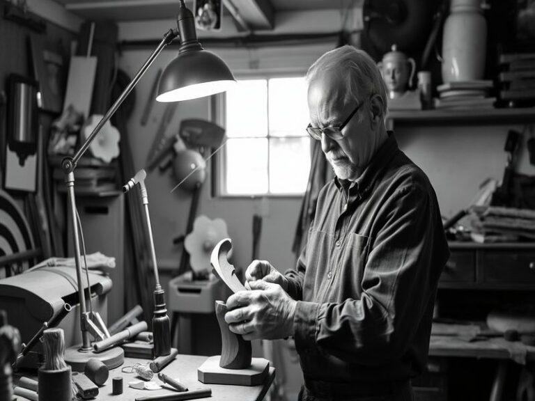 A sleek, well-lit studio photograph of Harry Clark standing next to his iconic modular chair, holding a sample of mycelium ma