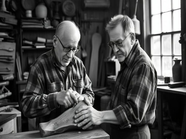 A black-and-white photograph of Harry Clark in his 1960s office, surrounded by blueprints and engineering tools, with a focus