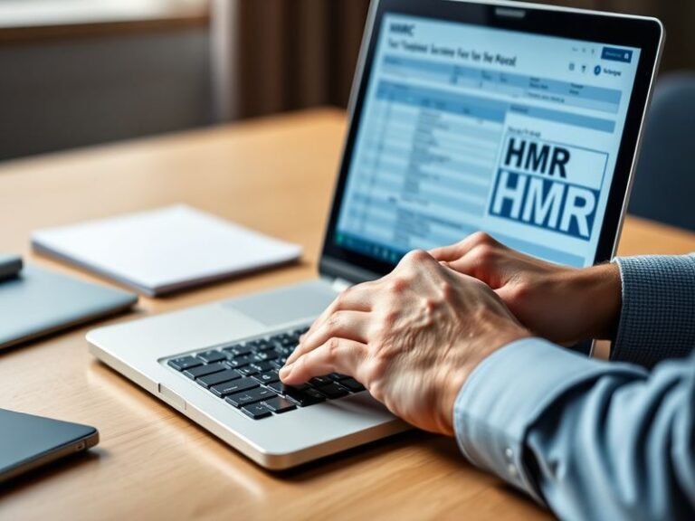 A professional accountant working on a laptop with MTD-compatible tax software open, surrounded by financial documents and a