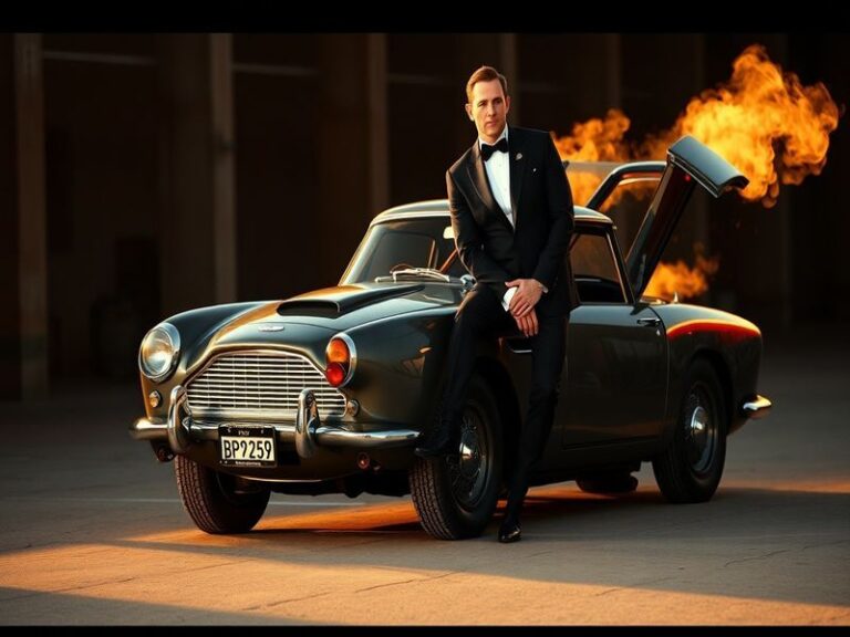 A stylish cinematic shot of Daniel Craig in a tailored suit, holding a Walther PPK against a moody urban backdrop with neon l