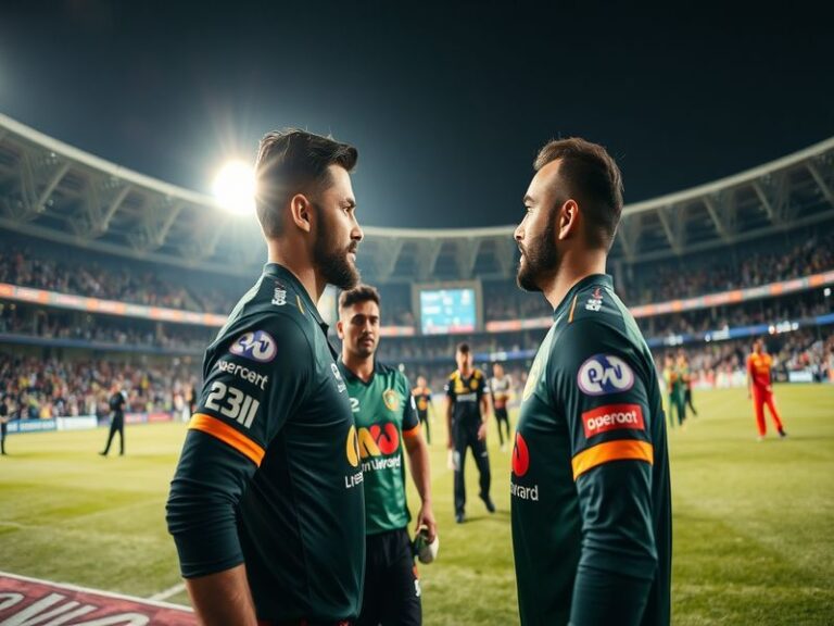 A dynamic cricket action shot during a Quetta Gladiators vs Islamabad United match at night, with bright stadium lights illum