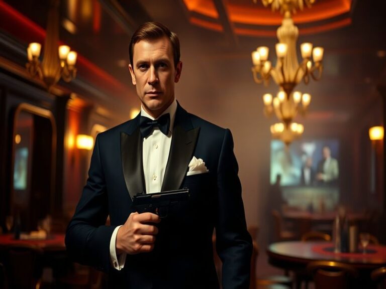 A cinematic collage of James Bond actors across eras, featuring Sean Connery, Roger Moore, Pierce Brosnan, and Daniel Craig i