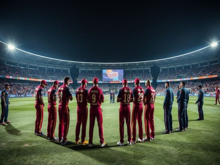 A high-energy cricket match between Quetta Gladiators and Islamabad United, with players in action, a packed stadium, and vib