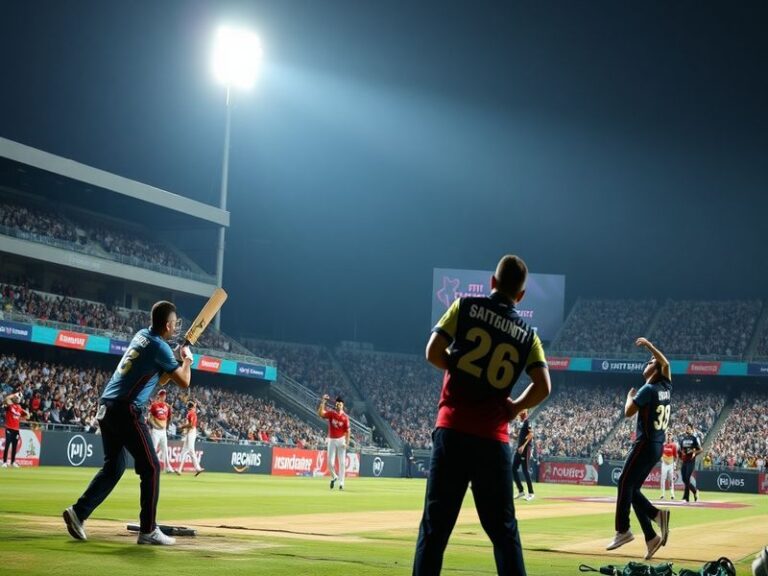 A packed stadium under floodlights with players from Quetta Gladiators and Islamabad United in action, capturing the intensit