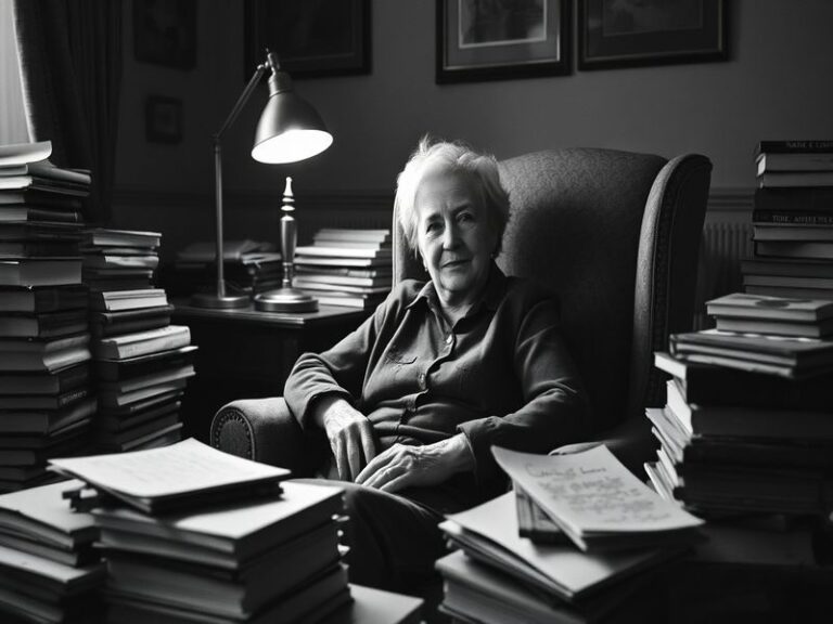 A warm, candid portrait of Marie Keane mid-performance on stage, wearing a simple blouse and trousers, with soft theater ligh