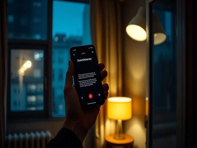 A split-screen image showing a smartphone displaying the Downdetector X app interface on one side, with a map of outage repor