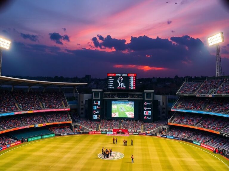 A vibrant stadium filled with cheering fans under floodlights, displaying the IPL logo and team banners. The atmosphere is el