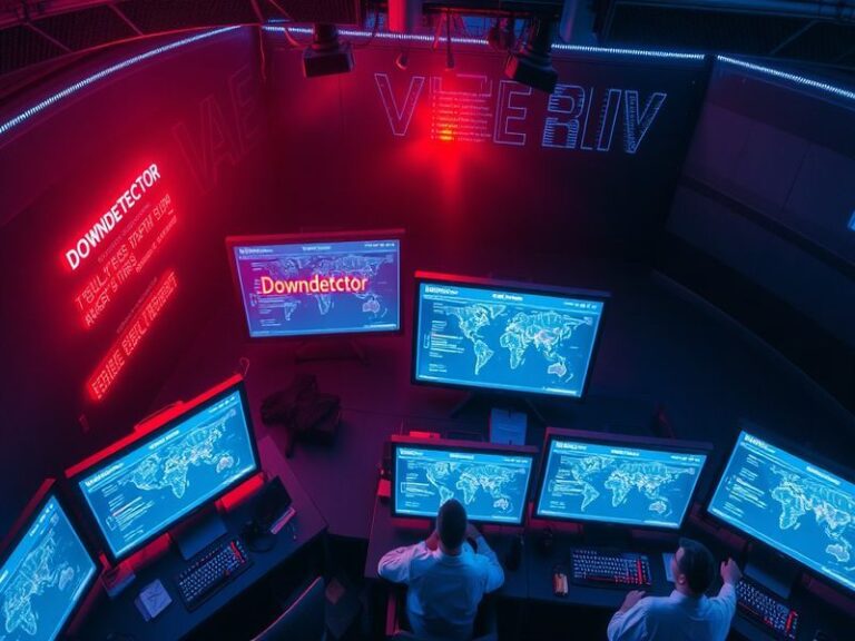 A split-screen image showing a laptop screen with Downdetector X’s outage heatmap alongside a smartphone displaying live user