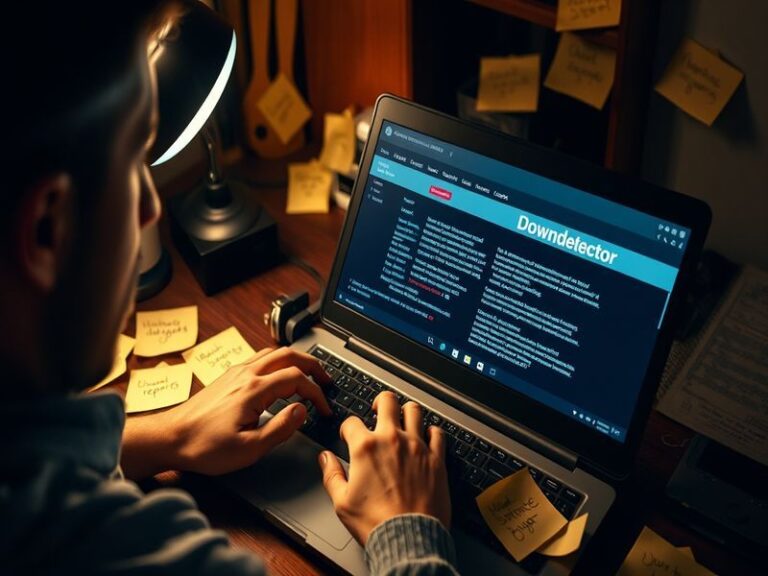 A futuristic dashboard interface displaying real-time outage reports for major digital services, with glowing alerts and a su