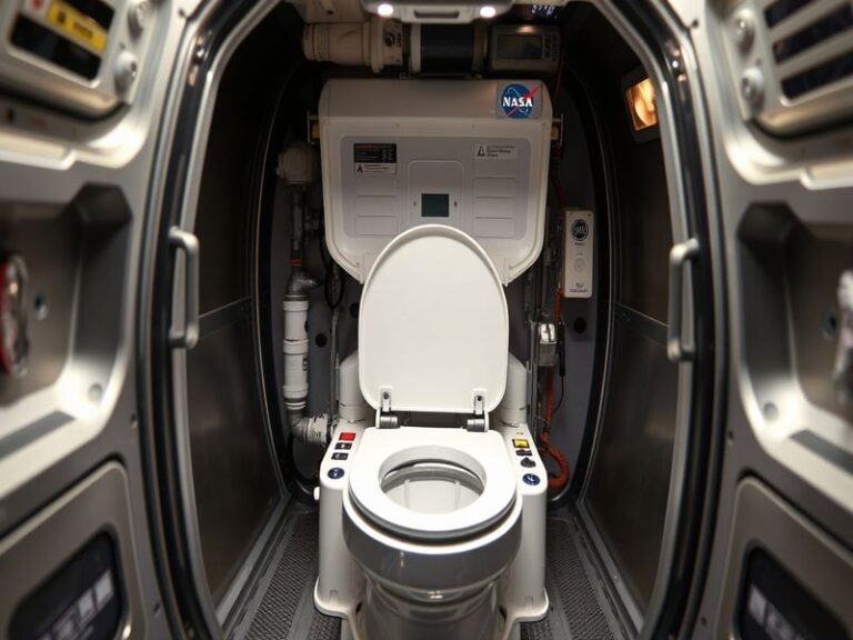 A detailed engineering diagram of the Universal Waste Management System (UWMS) installed in the Orion spacecraft, showing air