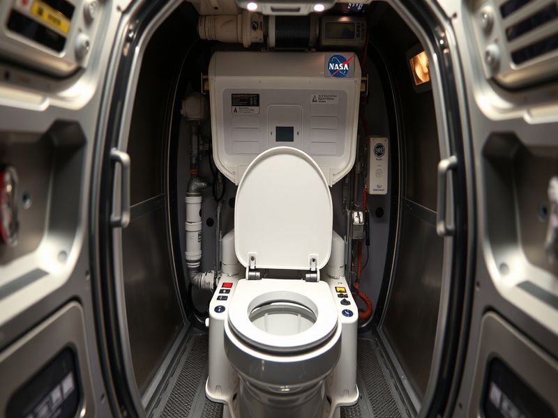 A detailed engineering diagram of the Universal Waste Management System (UWMS) installed in the Orion spacecraft, showing air
