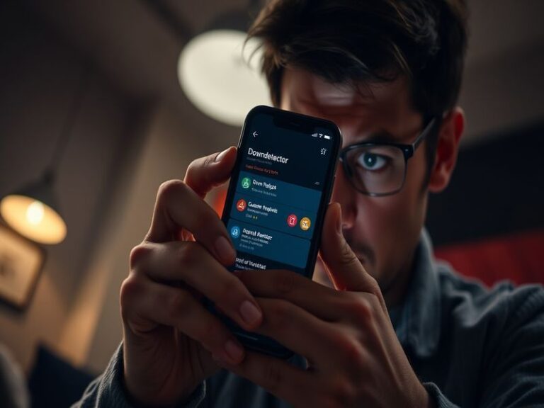 A futuristic dashboard interface showing Downdetector X’s AI-driven analytics, with a global map highlighting service outages