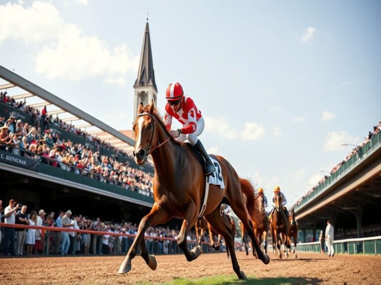 A vibrant scene at Churchill Downs during a sunny Derby afternoon, featuring a pack of thoroughbreds rounding the final turn