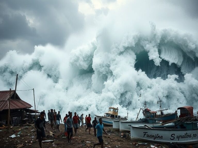 A coastal town in Indonesia with people evacuating to higher ground after an earthquake, showing waves crashing near shorelin
