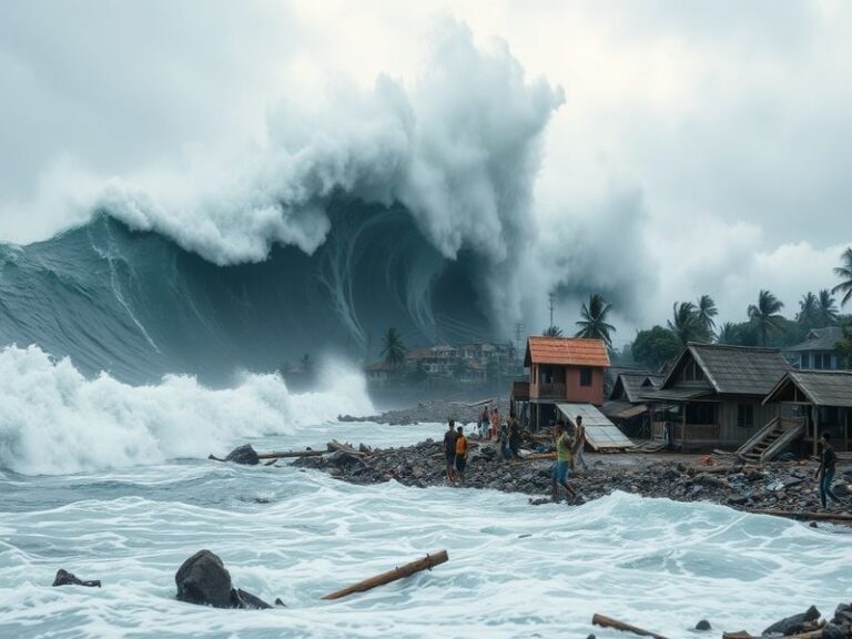 A wide-angle shot of Indonesia’s coastline with a calm ocean, distant mountains, and a tsunami warning sign posted on a beach