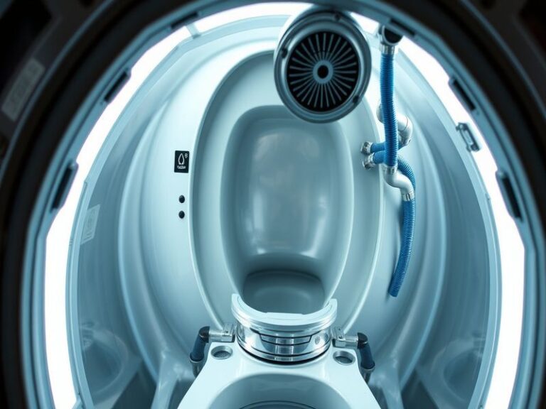 A high-detail technical illustration of NASA's Universal Waste Management System (UWMS) inside the Orion spacecraft, showing