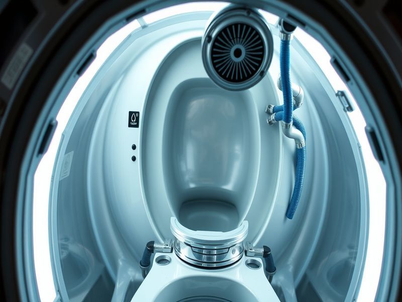 A high-detail technical illustration of NASA's Universal Waste Management System (UWMS) inside the Orion spacecraft, showing