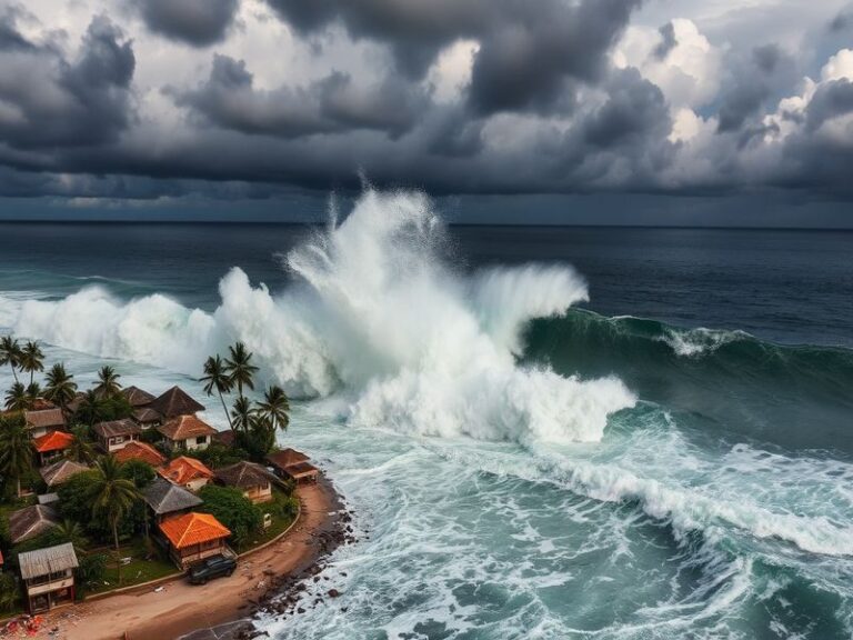 Aerial view of Banda Aceh coastline with residents evacuating to higher ground, showing evacuation routes marked in red. The