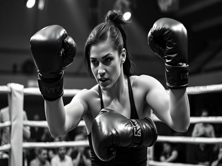A dynamic action shot of Lauren Price in her boxing stance, wearing her Team GB kit, mid-punch in a competitive match with a