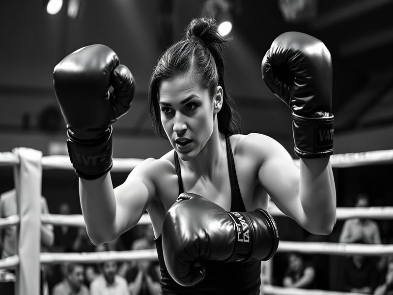 A dynamic action shot of Lauren Price in her boxing stance, wearing her Team GB kit, mid-punch in a competitive match with a