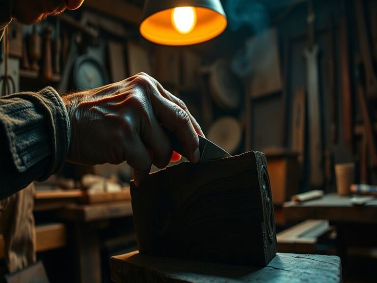 A contemplative artist in a sunlit studio, surrounded by sketches and tools, with a focused expression as they work on a deta
