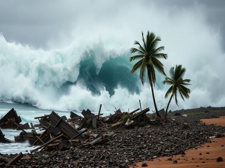 Aerial view of Indonesia's coastline with emergency response teams evacuating residents to higher ground, showing tsunami war