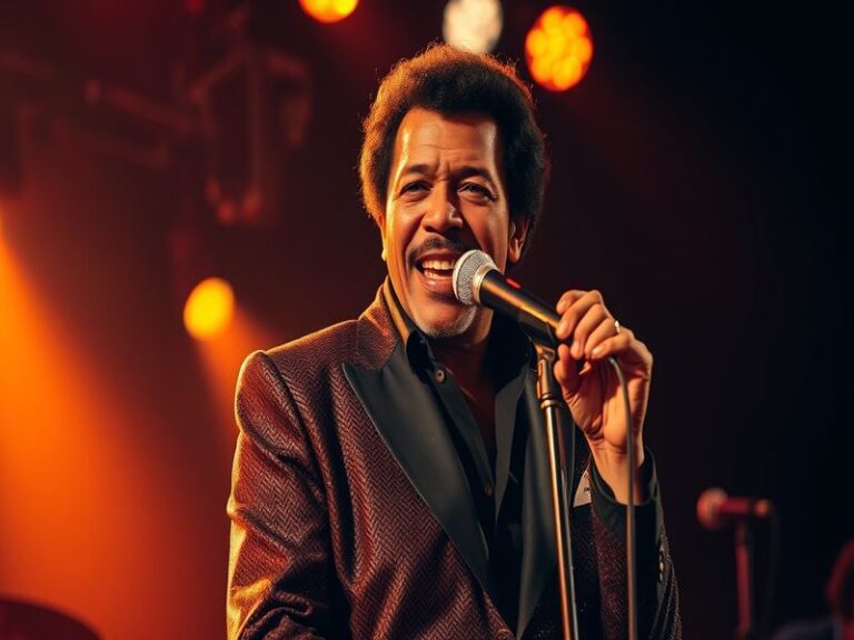 A vibrant concert photo of Lionel Richie in a tailored white suit, mid-performance on stage with a microphone, surrounded by