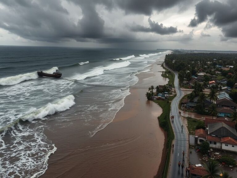 A coastal Indonesian city with people evacuating to higher ground, emergency vehicles and officials coordinating, dark stormy