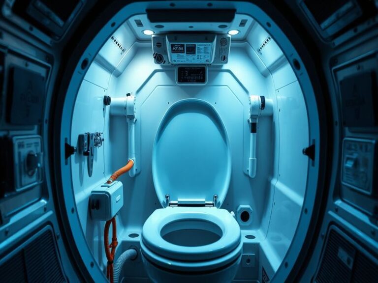 A detailed cutaway illustration of NASA's Orion spacecraft toilet module showing airflow systems, waste collection containers