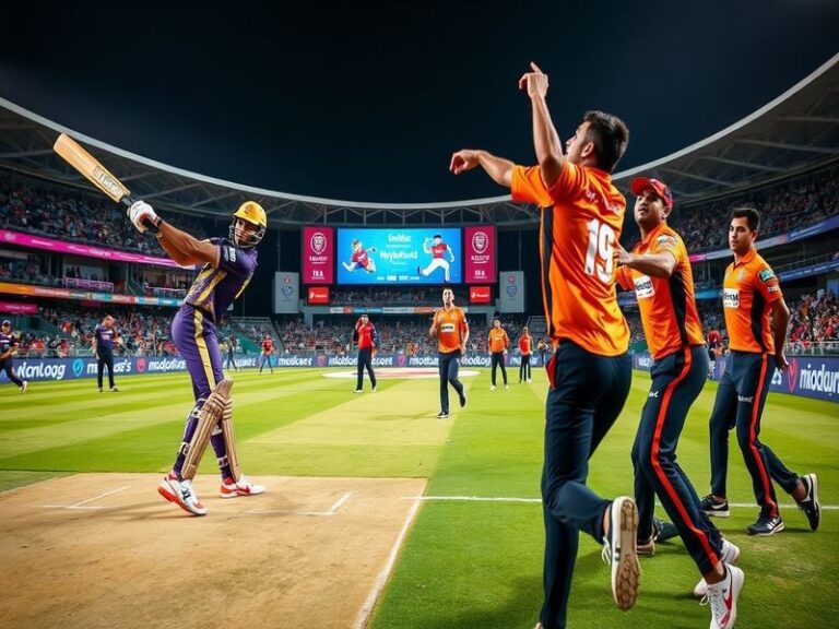 A vibrant IPL stadium at night, with KKR and SRH players in action under bright floodlights. The Kolkata Knight Riders' purpl