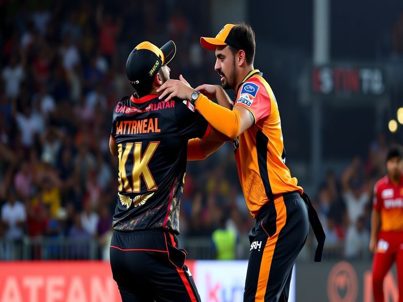 A vibrant cricket stadium with KKR and SRH players in action, highlighting the intensity of the match. The image shows a bowl