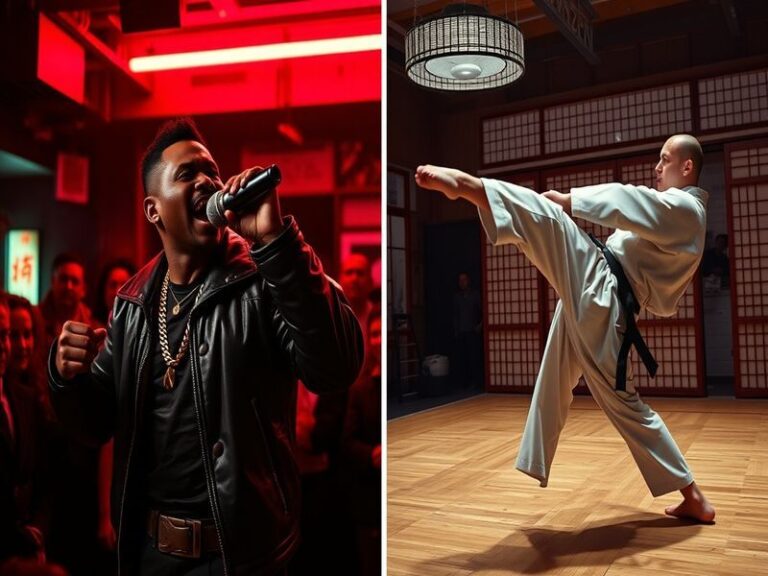 Two contrasting scenes side by side: a rapper performing on stage with dynamic lighting and a karateka executing a precise ki