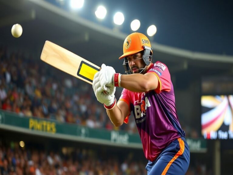 A high-energy cricket match between SRH and KKR at the Rajiv Gandhi International Stadium, featuring players in action with a