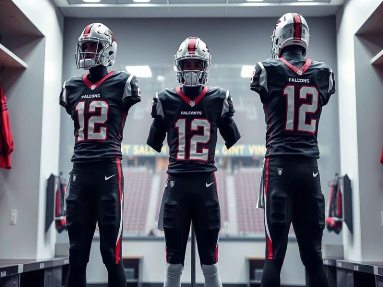 A dynamic on-field shot of an Atlanta Falcons player wearing the new 2024 uniforms, showcasing the deep red, black, and metal