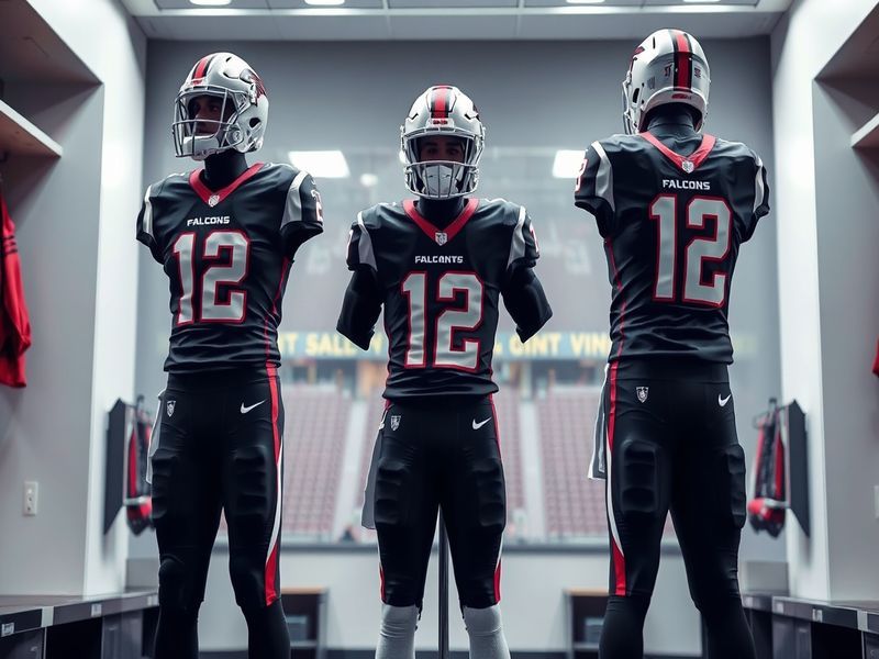 A dynamic on-field shot of an Atlanta Falcons player wearing the new 2024 uniforms, showcasing the deep red, black, and metal