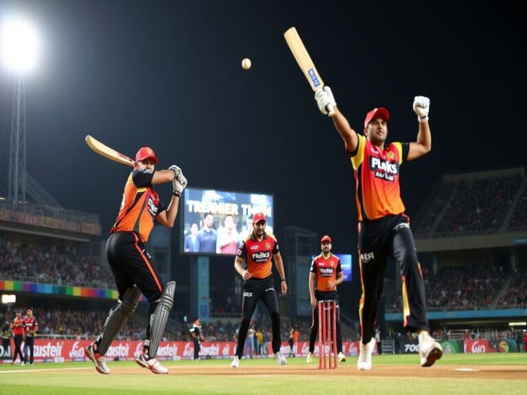 A vibrant cricket stadium scene at night, featuring SRH's orange jersey and KKR's purple jersey players in action, with a foc
