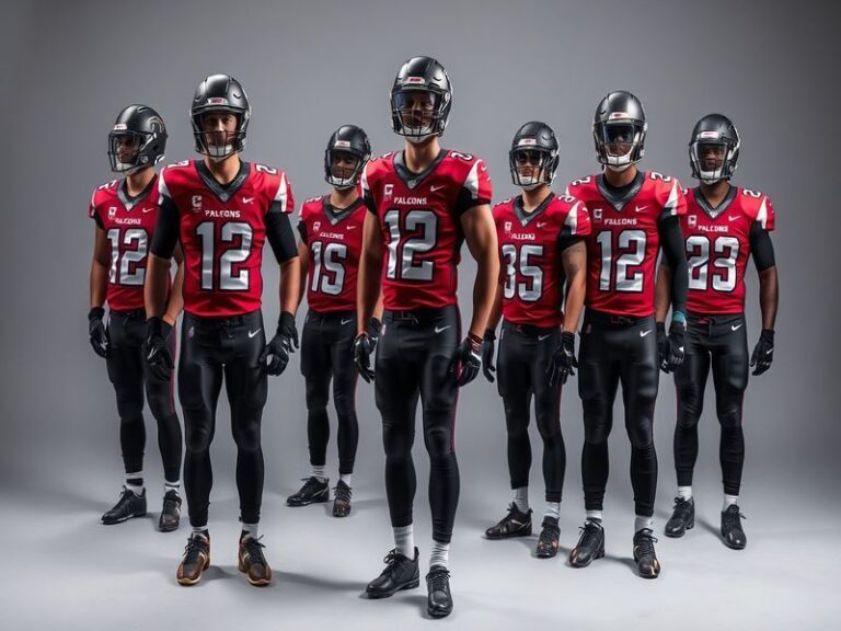 A dynamic action shot of an Atlanta Falcons player wearing the new matte black uniform with rose gold and silver accents, set