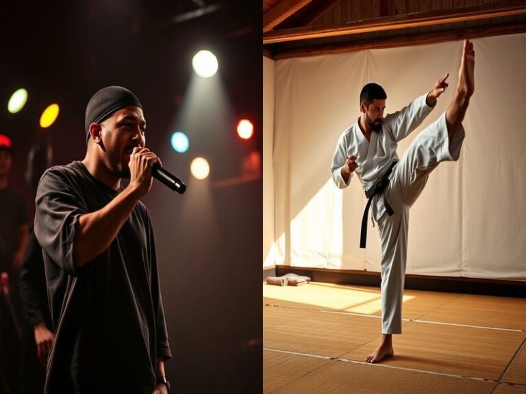 A split-image collage: on the left, a rapper performing on stage with dynamic lighting; on the right, a karateka executing a