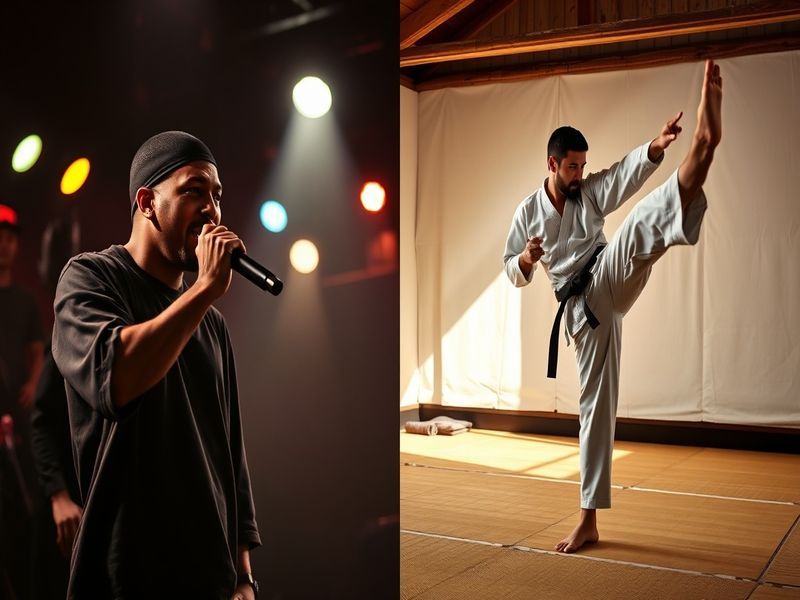 A split-image collage: on the left, a rapper performing on stage with dynamic lighting; on the right, a karateka executing a
