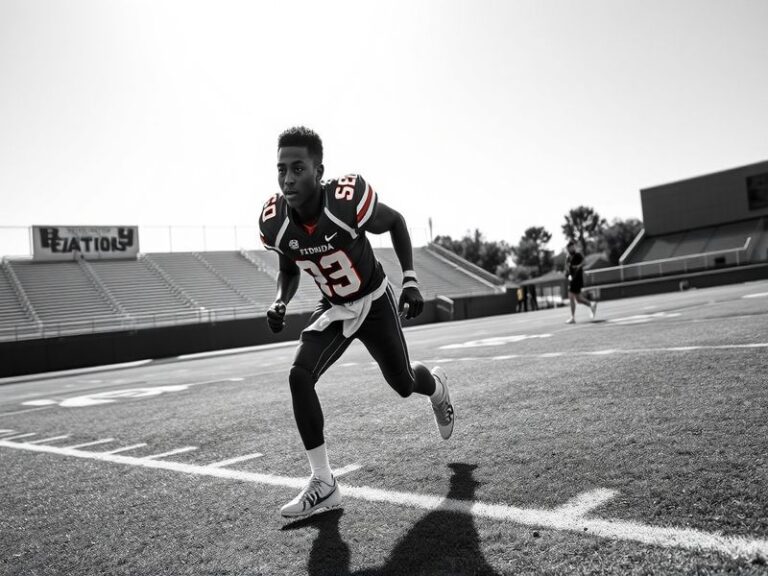 A dynamic action shot of Kaiir Elam in a University of Florida football uniform, mid-play with a focused expression, set agai