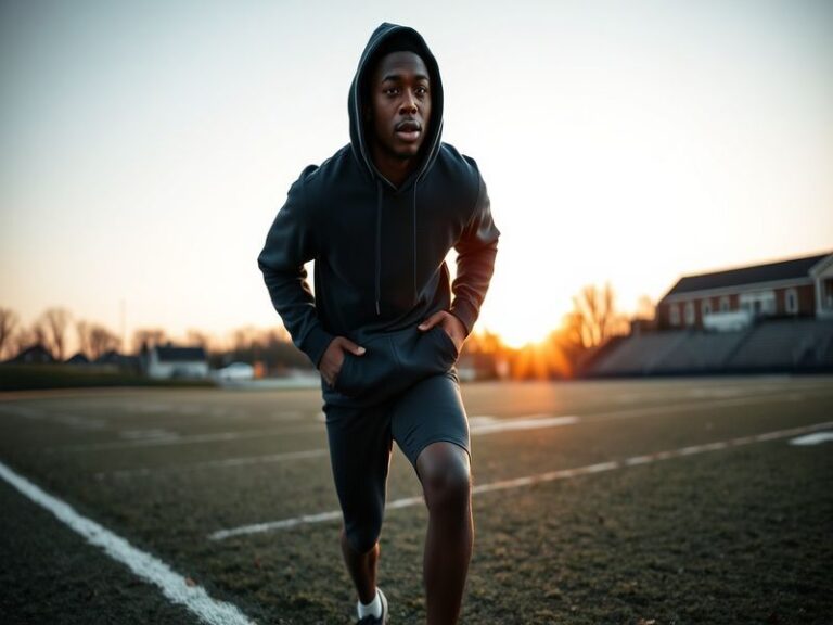 A dynamic action shot of Kaiir Elam in a Florida Gators uniform, mid-stride on the football field with a focused expression,
