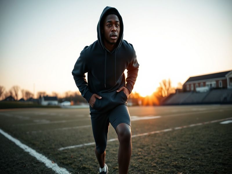 A dynamic action shot of Kaiir Elam in a Florida Gators uniform, mid-stride on the football field with a focused expression,