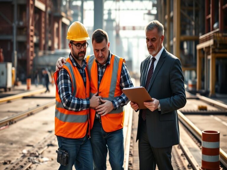 A concerned worker in a hard hat and safety vest speaking with a lawyer in a modern office. The scene includes legal document