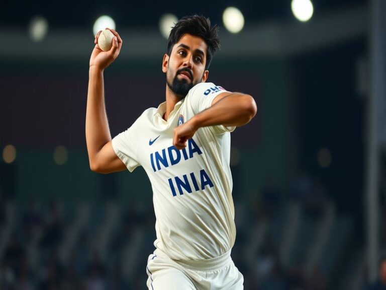 A dynamic action shot of Kartik Tyagi bowling during an IPL match, wearing the Delhi Capitals jersey, with a blurred stadium